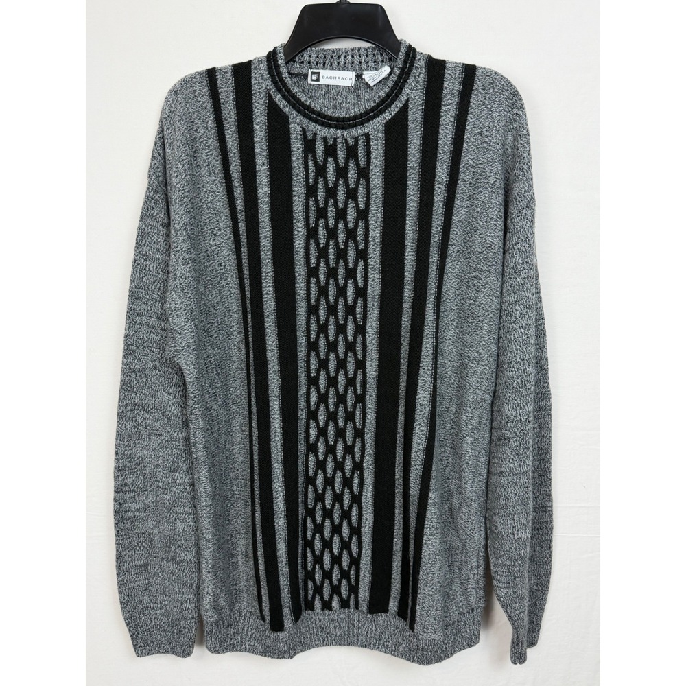 Bachrach Mens Sweater L Gray Black Striped Geometric Knit USA Made